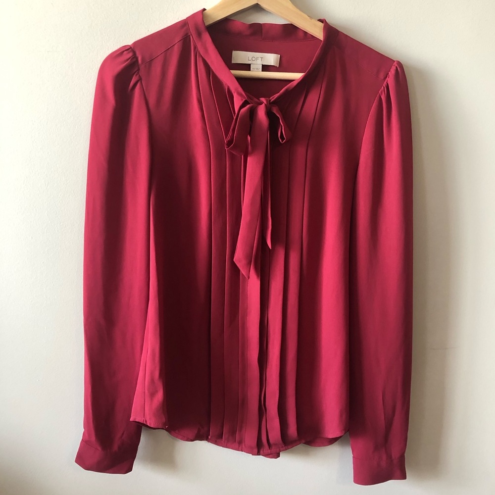 LOFT Red Pleated Tie Front Button Down Top